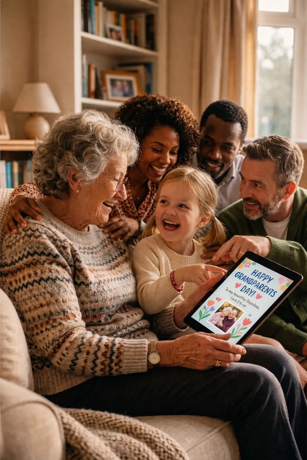A grandmother and granddaughter laughing over an eCard